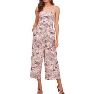 Astr The Label Linen Kona Print Strapless Wide Leg Belted Jumpsuit S